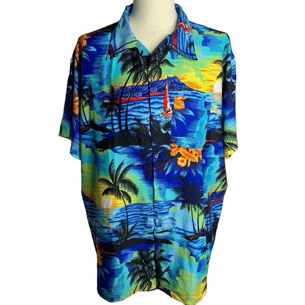 Button Up Hawaiian Camp Shirt 3XL Blue Floral Sunset Beach Short Sleeve Pocket